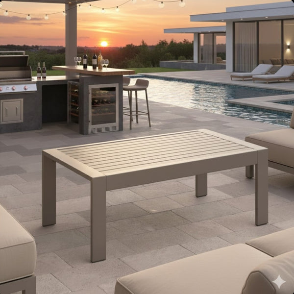 English Elm 43" Outdoor Coffee Table with Wood Grain Top on Powder Coated Iron for Patio Lounging Khaki B082P455113