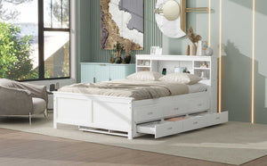English Elm Full Full Size Platform Bed with Storage Headboard, USB Ports, Twin Trundle & 3 Drawers, Solid Wood White GX000720AAK