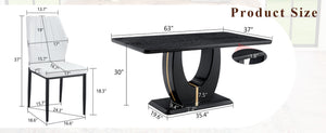 English Elm Black Wood Grain Mdf Dining Set for Six with White Shell Back Pu Leather Chairs W1151S04436