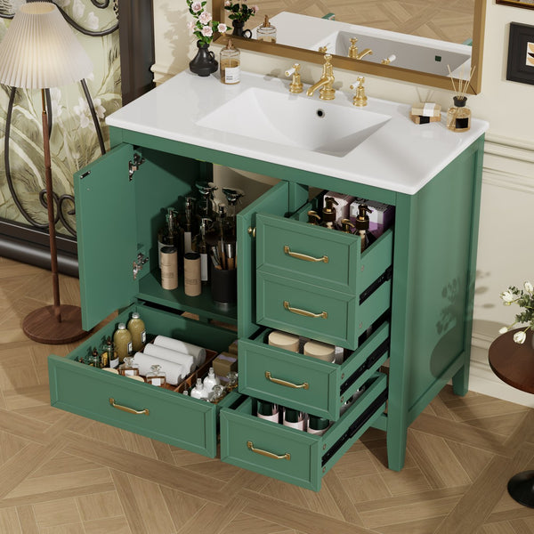English Elm Christopher Knight Home® - 36" Vintage-inspired Bathroom Vanity with Ceramic Sink, Solid Wood Frame, Soft-Close Drawers, Spacious Storage Green N759P293646F
