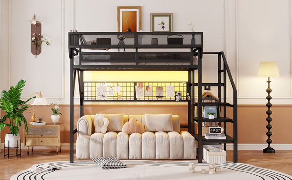 English Elm Full Size Metal Loft Bed with Wardrobe Stairs Rgb Lighting Industrial Frame W2580S00051