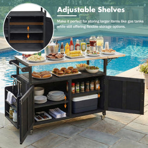 English Elm Foldable Outdoor Kitchen Cart with Stainless Worktop Fir Wood Frame and Lockable Wheels Black N719P380279B