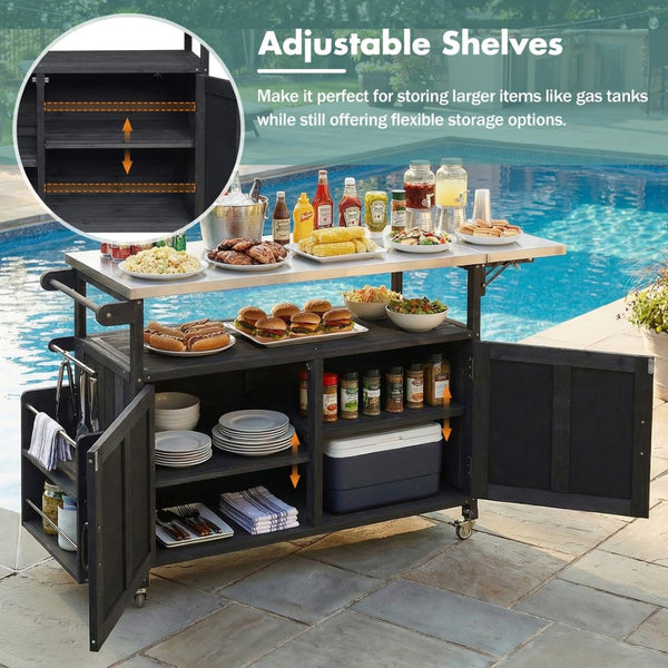 English Elm Foldable Outdoor Kitchen Cart with Stainless Worktop Fir Wood Frame and Lockable Wheels Black N719P380279B
