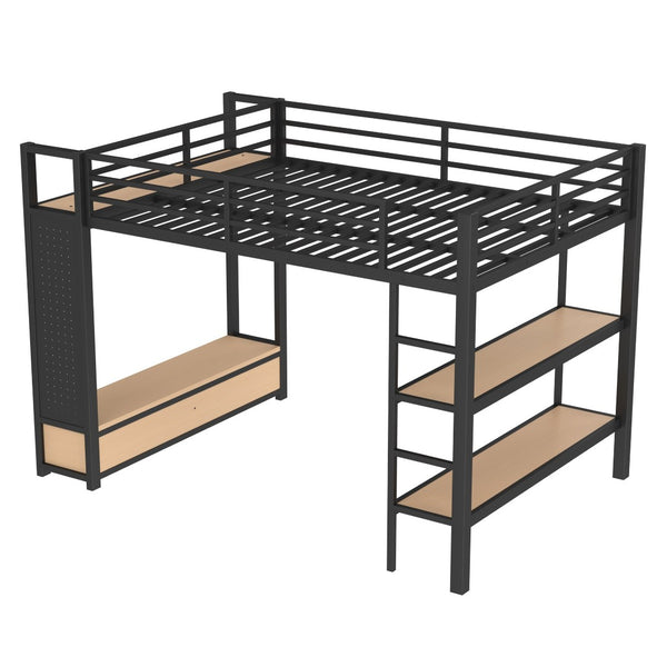 English Elm Queen Loft Bed Frame With Wardrobe & Shelves - Modern Metal Design For Space-Saving Storage & Work W1580S00233-GIGA
