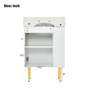 English Elm 21.6" White Left-Side Storage Bathroom Vanity with Ceramic Sink, Gold Legs, Soft-Close Door, Modern Design SV000007AAE