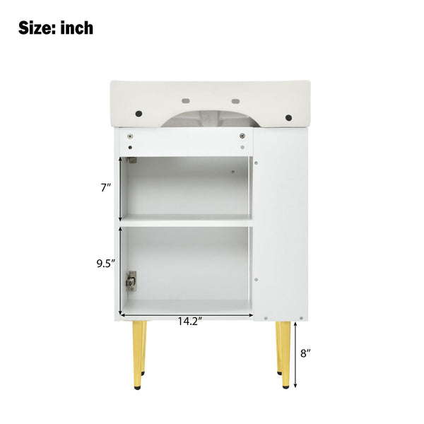 English Elm 21.6" White Left-Side Storage Bathroom Vanity with Ceramic Sink, Gold Legs, Soft-Close Door, Modern Design SV000007AAE