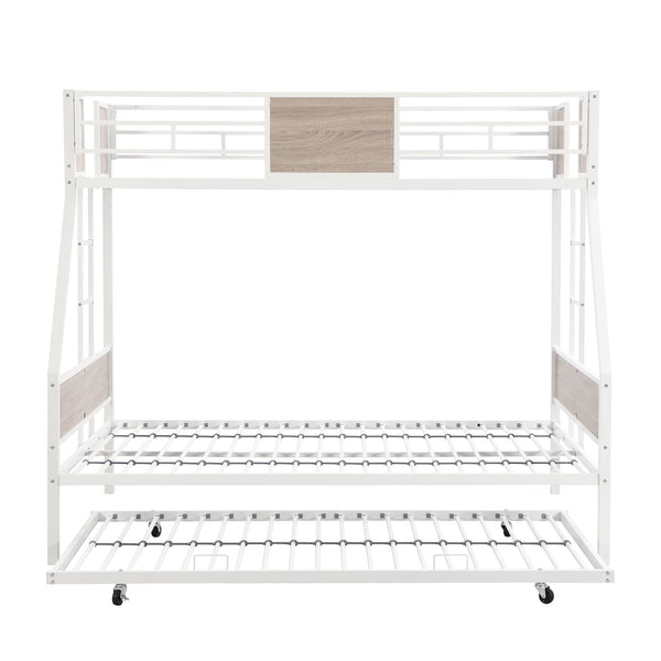 English Elm Twin Over Full Metal Bunk Bed with Trundle, Space-Saving Platform, Built-In Storage & Guardrail Brown+White 80.51 L x 13.98 W x 8.34 H W2297P216479