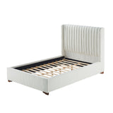 Modern Queen Bed Frame, Upholstered Platform w/ Corduroy Headboard, Wooden Slats, White