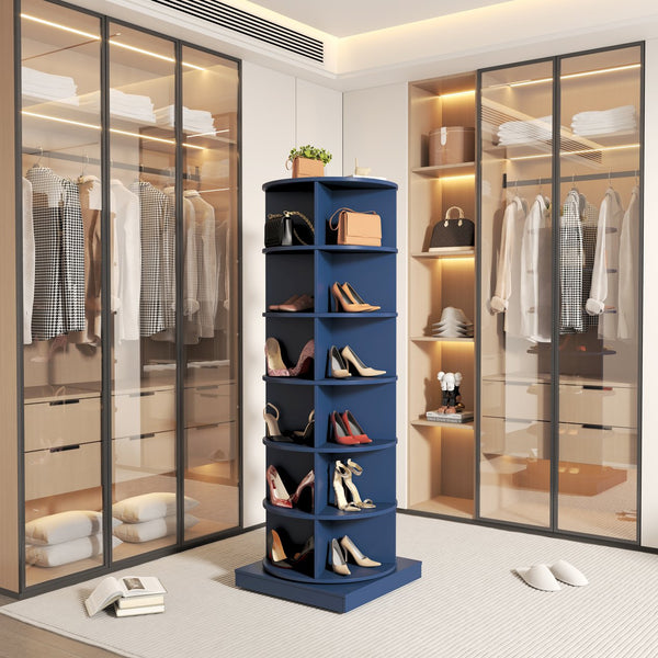 English Elm Blue 360 Rotating shoe cabinet organizes up to 28 pairs with 360° swivel, compact tall 7-layer storage solution Smoke Blue W1320P164953
