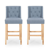 Christopher Knight Home® - Noble House - Lansglen Button Tufted Fabric Wingback Bar Stool, Light Blue and Natural - Set of 2