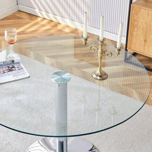 English Elm A Round Tempered Glass Dining Table with Silver Legs Seats Six in Modern Style W1151S03483