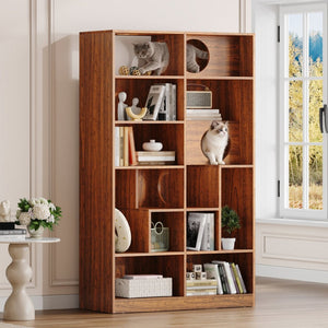 English Elm Modern Wood Grain Bookshelf Cat Habitat with Climbing Cubbies for Living Room Brown N752P395027D