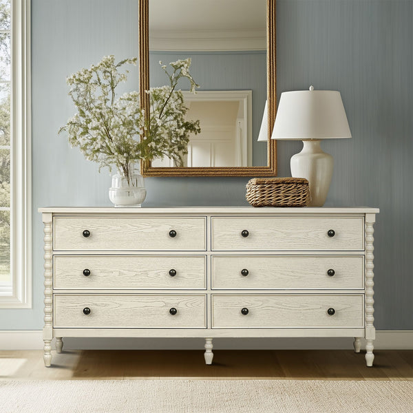 JLA Home Madison Park Signature - Large Dresser with Six Smooth-Glide Drawers, Velvet-Lined Boxes, Solid Spindle Legs, Metal Knobs, Anti-Tip Safety and 70" Width for Versatile Home Storage Antique Cream MPS137-0324