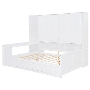 English Elm Full Size Wooden Daybed With Versatile Workspace, Three Storage Drawers, And Adjustable Shelves N820S00055K