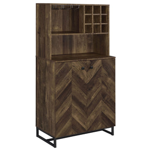 English Elm Harlie Rustic Oak Herringbone Wine Cabinet with Black Metal Accents, Glassware Storage, 62.5"H B062P351439
