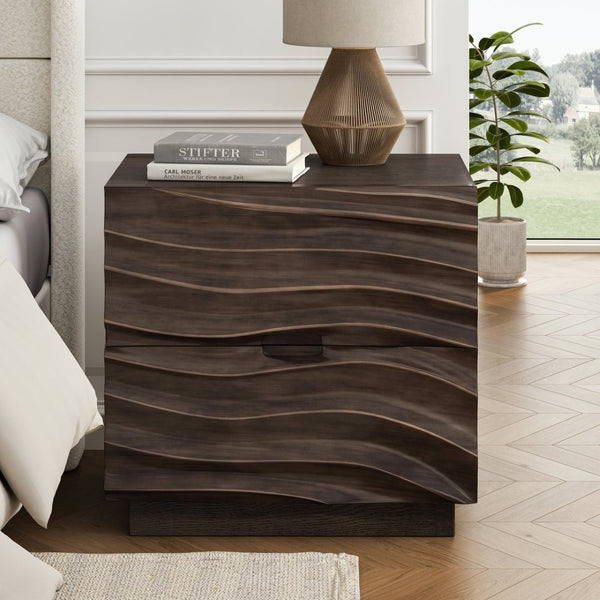 English Elm Farmhouse Nightstand Pine Wood Four Drawer Storage with Pull Out Tray Gourd Legs Brown W1716P390991