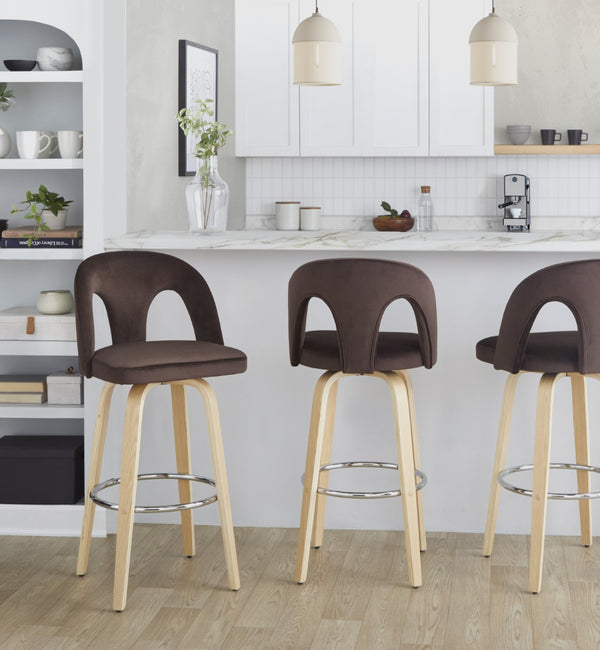 English Elm Fixed-height Swivel Barstools Velvet Seat Bentwood Legs Chrome Footrest Set of 2 B202S02154