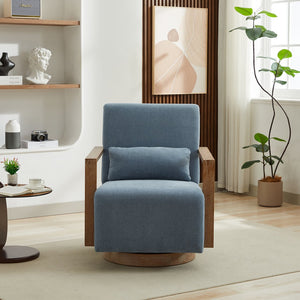 English Elm 30.3"W Swivel Modern Upholstered Accent Chair with Solid Wood Arms, Linen Blend, 360° Cozy Lounge Seat Blue W3188P362975