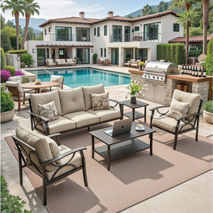 English Elm 5-piece Outdoor Conversation Set with Steel Frame Weather Resistant Cushions Patio Seating Beige B082S00122