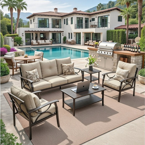 English Elm 5-piece Outdoor Conversation Set with Steel Frame Weather Resistant Cushions Patio Seating Beige B082S00122
