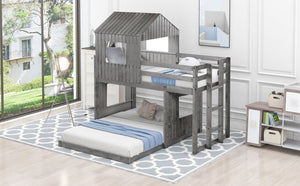 English Elm Wooden Twin Over Full Bunk Bed Farmhouse Playhouse Design with Ladder Guardrails LT000327AAE-1