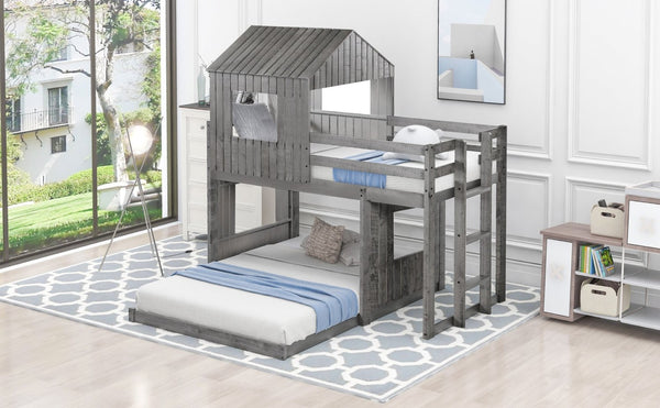 English Elm Wooden Twin Over Full Bunk Bed Farmhouse Playhouse Design with Ladder Guardrails LT000327AAE-1