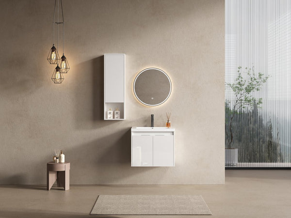 English Elm 24" Modern Wall-Mounted Bathroom Vanity with Resin Sink, Soft-Close Doors, Wall Cabinet, White W999S00418