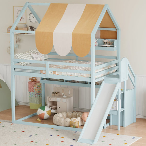 English Elm Full Size Wood Loft Bed with Canopy Slide and Built in Bookshelves for Kids Light Green N7090005021F