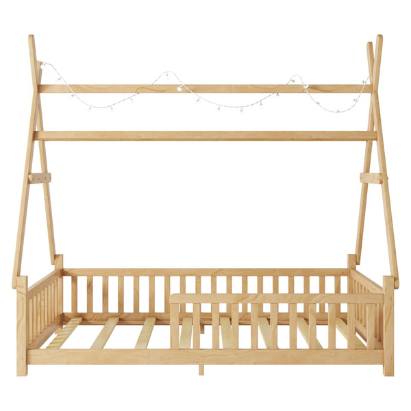 English Elm Twin Montessori Floor Bed House Frame with Led Lighting and Safety Rails for Kids Natural W2593P440573