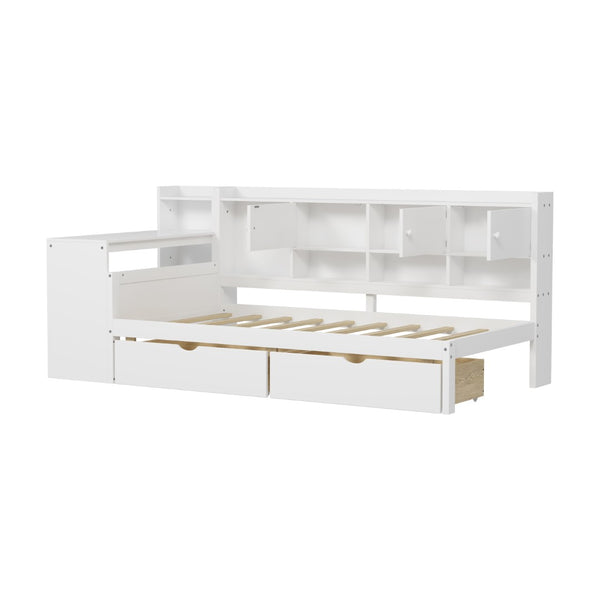 English Elm Wooden L-shape Twin Daybed with Desk Bookshelf and Nine Storage Compartments N733S351668K
