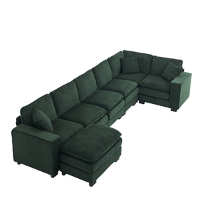 English Elm Modern U Shaped 6-Seat Sectional Sofa with Ottoman and 3 Toss Pillows, Corduroy Modular Comfort and Durable Frame Green W2363S00042