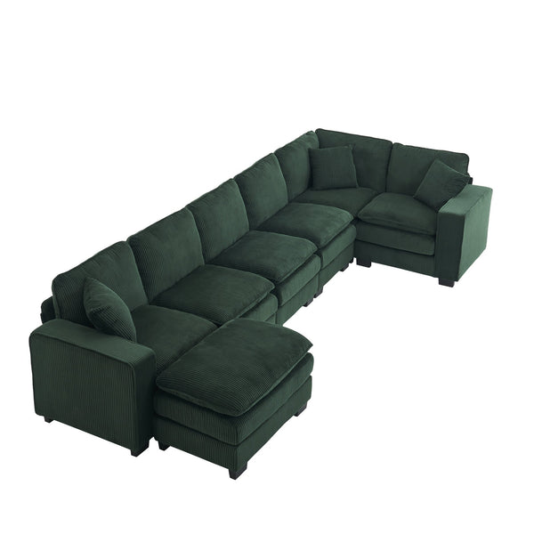 English Elm Modern U Shaped 6-Seat Sectional Sofa with Ottoman and 3 Toss Pillows, Corduroy Modular Comfort and Durable Frame Green W2363S00042