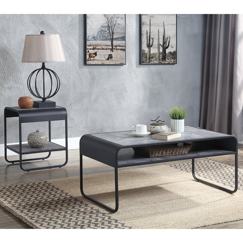 English Elm Concrete Grey and Black Coffee Table with Lower Shelf, Curved Edges & Metal Frame for Urban Chic Living B062P185664