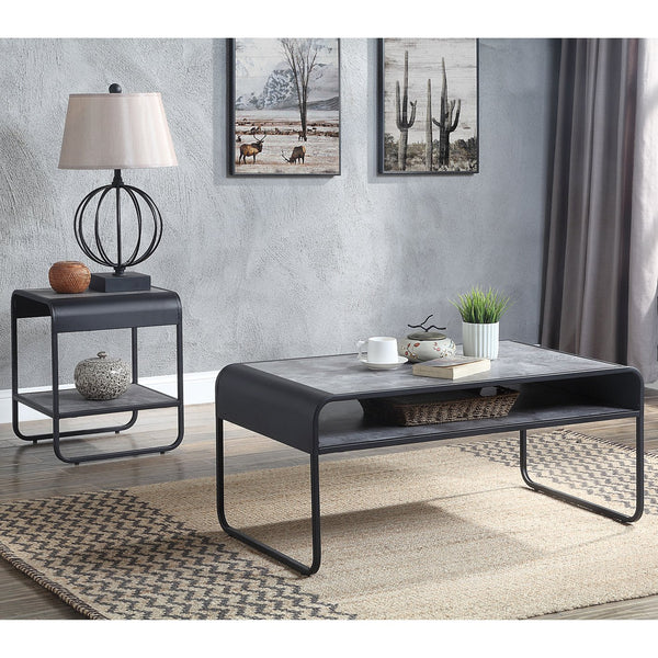 English Elm Concrete Grey and Black Coffee Table with Lower Shelf, Curved Edges & Metal Frame for Urban Chic Living B062P185664