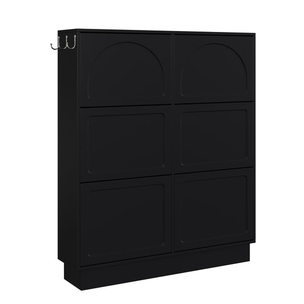English Elm Modern Narrow Tipping Shoe Cabinet with 6 Flip Drawers, Slim 9.45" Space-Saving Cream Organizer with Hooks and Adjustable Shelves for Entryway (Fits 12–24 Pairs) Black N721P288699B