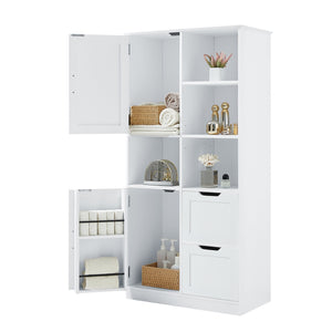 English Elm Bathroom Tall Storage Cabinet with Doors, 2 Drawers, Adjustable Shelf, Anti-Tip, MDF White, Sleek Handles WF530559AAK