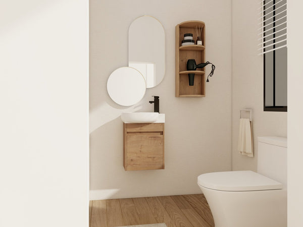 English Elm Soft Close Wall Mounted Bathroom Vanity with Ceramic Vessel Sink and Storage Rack W999S00488