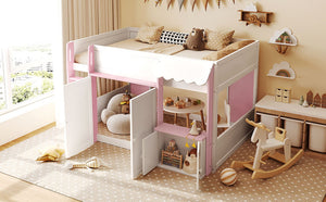 English Elm Twin House Loft Bed with Pull Out Rolling Desk Stair Drawers and Cabinet Storage N820S00074H