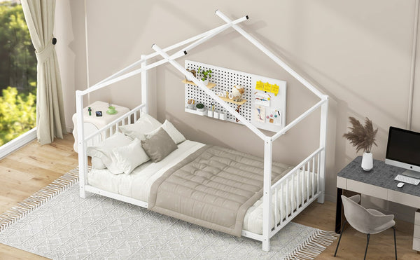 English Elm Twin Metal House Platform Bed with Slat Kit for Kids Sleepovers Sturdy Frame Elegant Silhouette 63.8"H White MF322835AAK