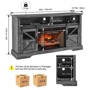 English Elm 60 Inch Farmhouse Electric Fireplace Tv Stand with Led Flame and Cabinet Storage Dark Oak W1769S00003