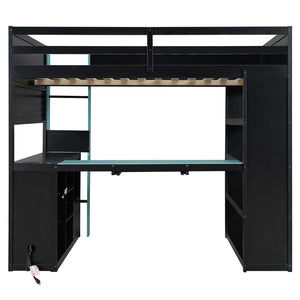 English Elm Full Size Gaming Loft Bed with Desk Rgb Lighting Power Outlet and Storage Drawer Blue LT000285AAC