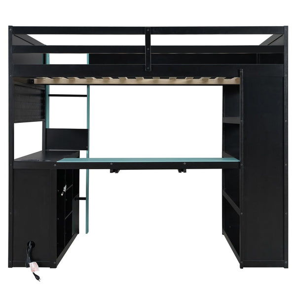 English Elm Full Size Gaming Loft Bed with Desk Rgb Lighting Power Outlet and Storage Drawer Blue LT000285AAC
