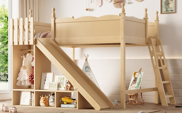 English Elm Twin Loft Bed Solid Pine Frame with Wardrobe Shelving Detachable Slide Kids Room Natural W5305S00022