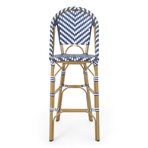 English Elm Christopher Knight Home® - 29.5" Outdoor PE Rattan French Barstool with Bamboo-Print Aluminum Frame, Durable Wicker Cafe Charm Navy Blue,White 71422.00NBLU