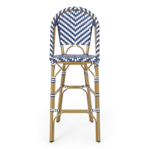 English Elm Christopher Knight Home® - 29.5" Outdoor PE Rattan French Barstool with Bamboo-Print Aluminum Frame, Durable Wicker Cafe Charm Navy Blue,White 71422.00NBLU