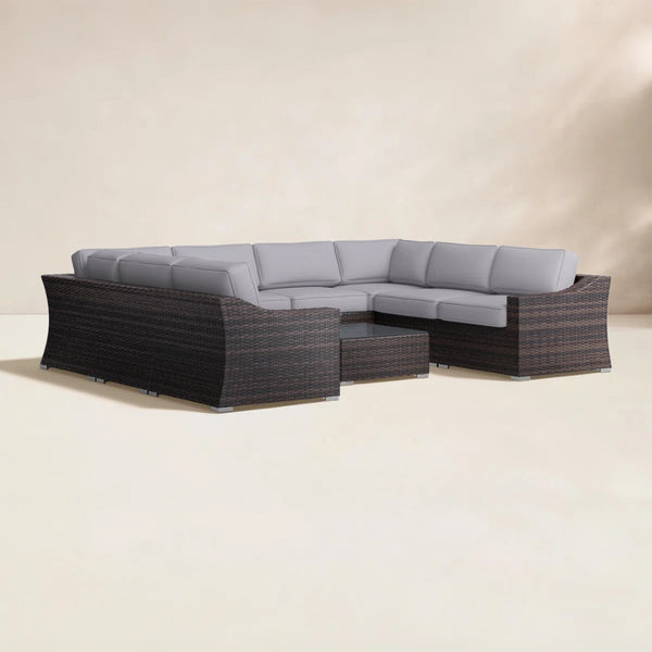 English Elm Fully Assembled Hdpe Wicker U-shaped Outdoor Sectional with Foam Cushions and Glass Table B120S00275