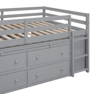 English Elm Full Size Kids Loft Bed Pinewood Frame Dual Study Desks Drawers and Open Shelving Gray LT000369AAE