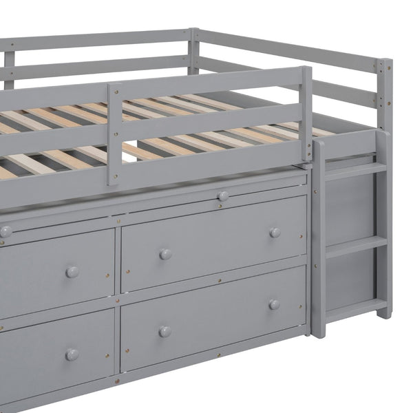 English Elm Full Size Kids Loft Bed Pinewood Frame Dual Study Desks Drawers and Open Shelving Gray LT000369AAE