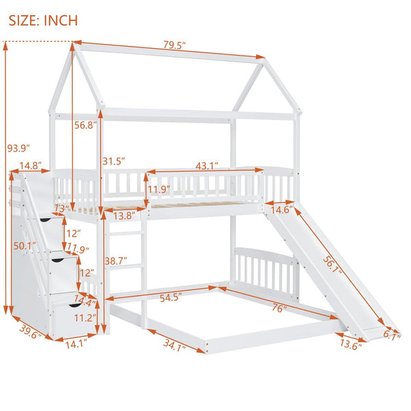 English Elm Twin Over Full Bunk Bed Playhouse Frame with Slide Staircase and Storage Drawers LT100129AAK