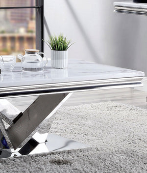 English Elm Modern Glam Coffee Table with 18mm Faux Marble Top, Beveled Edges and Curved Pedestal Metal Base Chrome 55 L x 32 W x 4 H B2741S00433